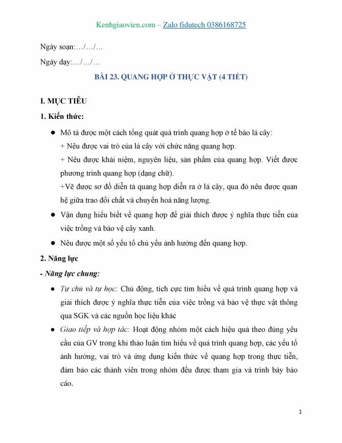 Giáo án và PPT KHTN 7 chân trời Bài 23: Quang hợp ở thực vật