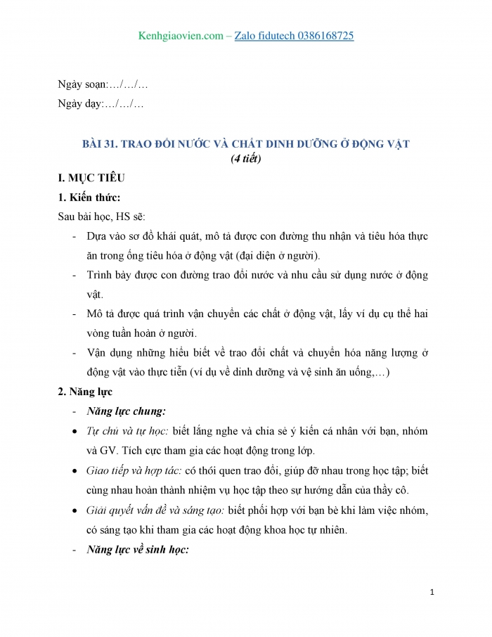 Giáo án và PPT KHTN 7 kết nối Bài 31: Trao đổi nước và chất dinh dưỡng ở động vật
