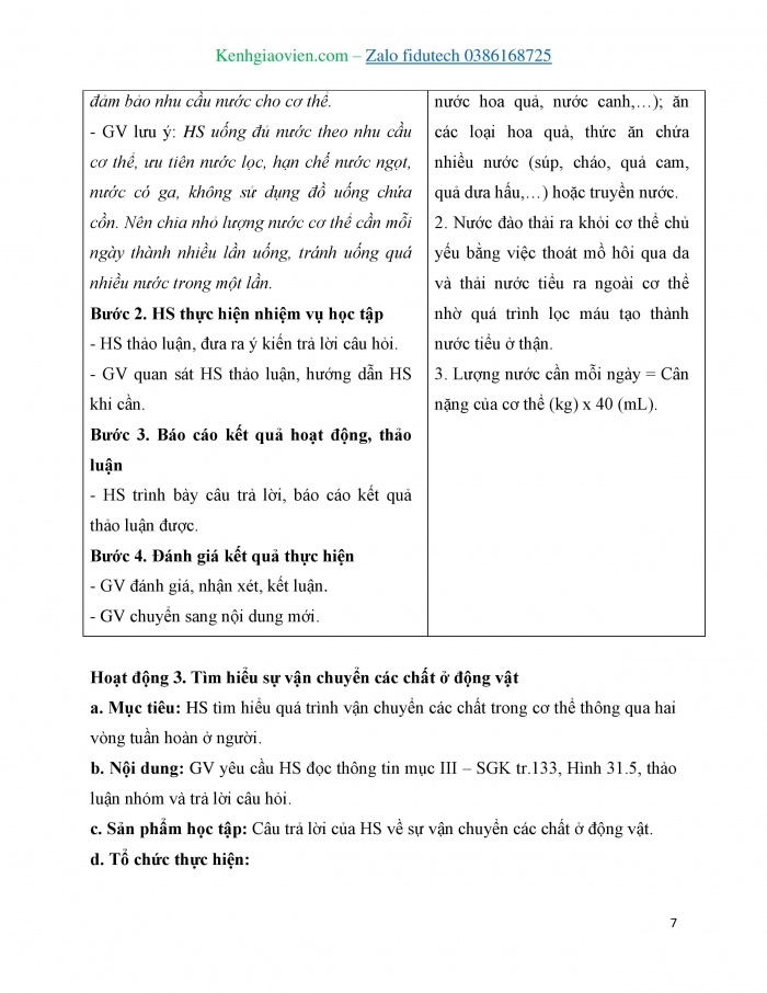 Giáo án và PPT KHTN 7 kết nối Bài 31: Trao đổi nước và chất dinh dưỡng ở động vật