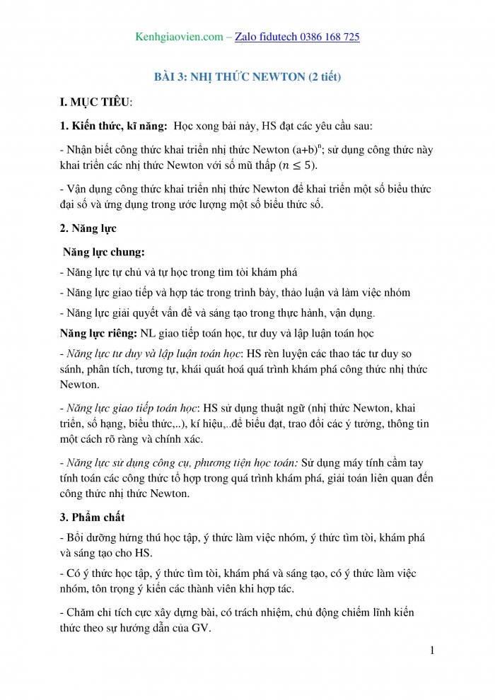 Giáo án và PPT Toán 10 chân trời Bài 3: Nhị thức Newton