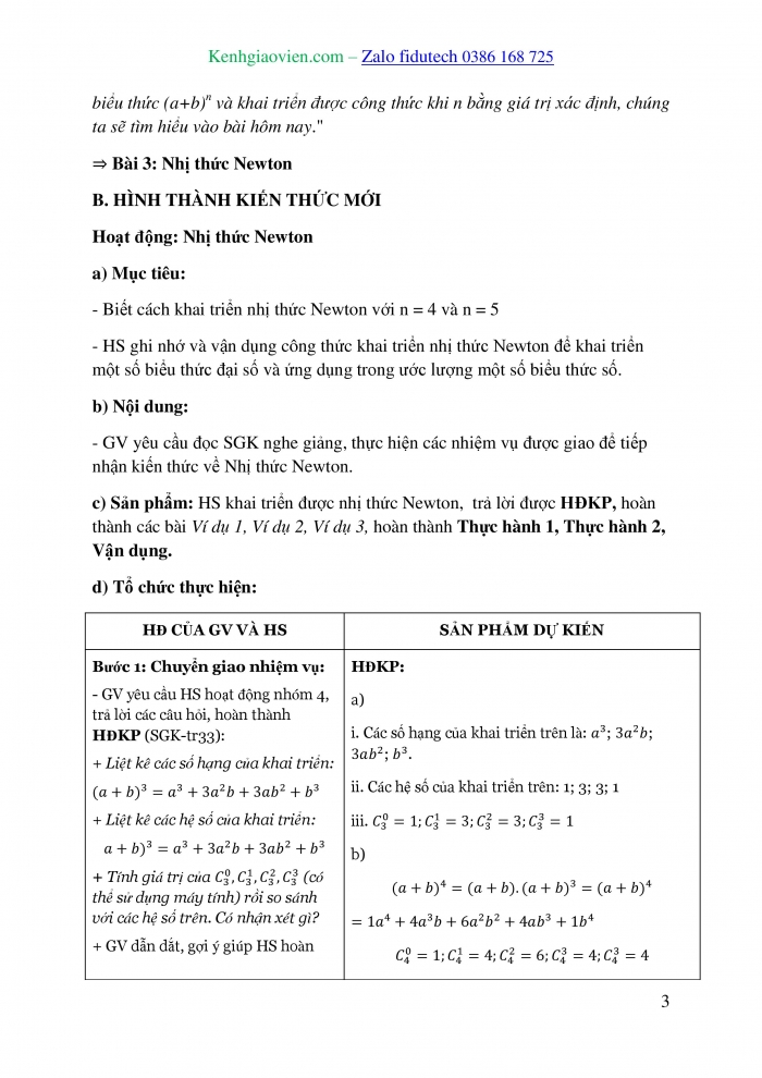 Giáo án và PPT Toán 10 chân trời Bài 3: Nhị thức Newton