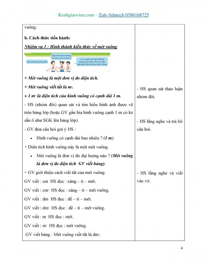 Giáo án và PPT Toán 4 chân trời Bài 21: Mét vuông