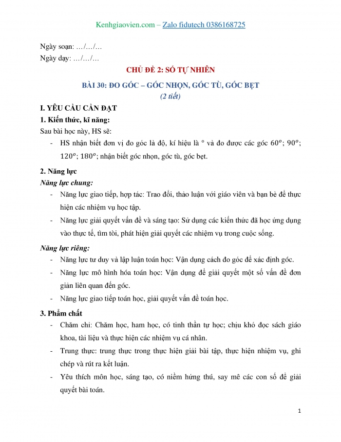 Giáo án và PPT Toán 4 chân trời Bài 30: Đo góc – Góc nhọn, góc tù, góc bẹt