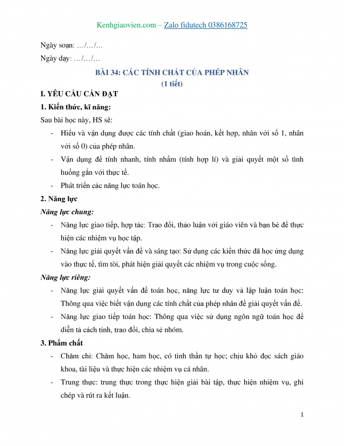 Giáo án và PPT Toán 4 cánh diều Bài 34: Các tính chất của phép nhân