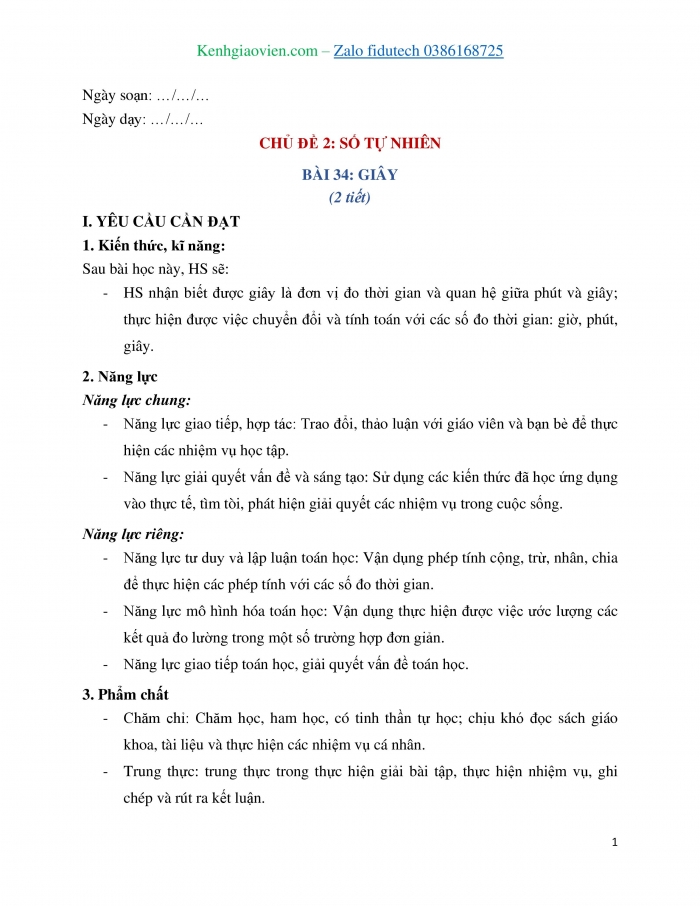 Giáo án và PPT Toán 4 chân trời Bài 34: Giây