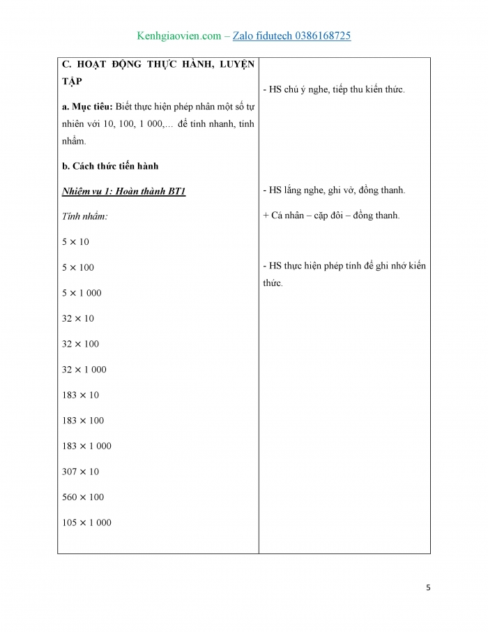 Giáo án và PPT Toán 4 cánh diều Bài 36: Nhân với 10, 100, 1 000,...