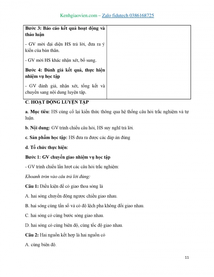 Giáo án và PPT Vật lí 11 cánh diều Bài 3: Giao thoa sóng