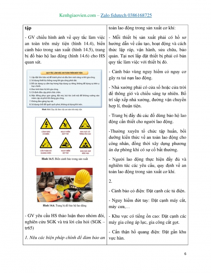 Giáo án và PPT Công nghệ cơ khí 11 cánh diều Bài 14: An toàn lao động và bảo vệ môi trường trong sản xuất cơ khí