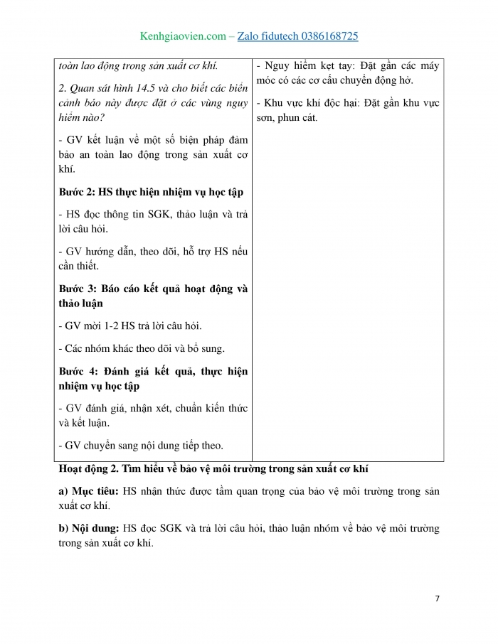 Giáo án và PPT Công nghệ cơ khí 11 cánh diều Bài 14: An toàn lao động và bảo vệ môi trường trong sản xuất cơ khí