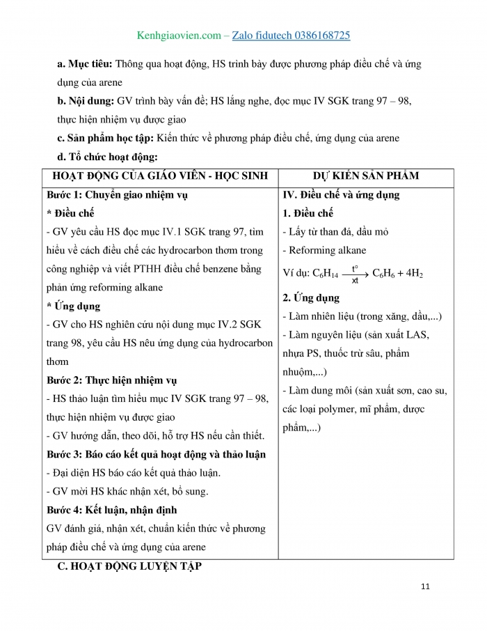 Giáo án và PPT Hoá học 11 cánh diều Bài 14: Arene (Hydrocarbon thơm)