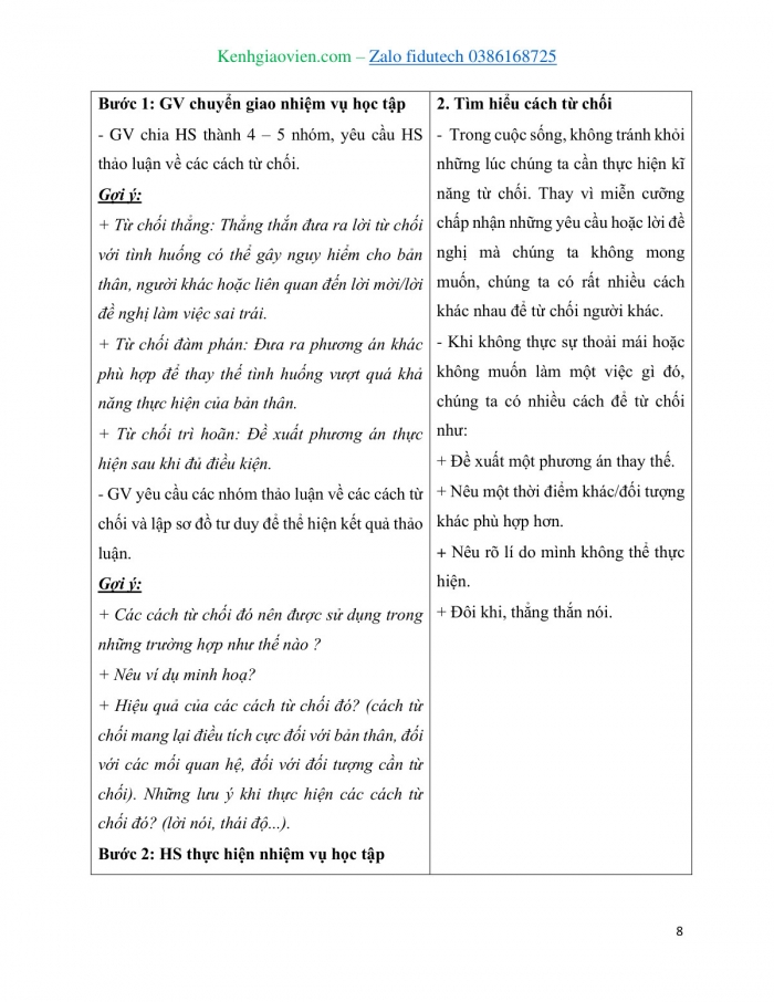 Giáo án và PPT Hoạt động trải nghiệm 8 cánh diều Chủ đề 4 Làm chủ bản thân - Kĩ năng từ chối