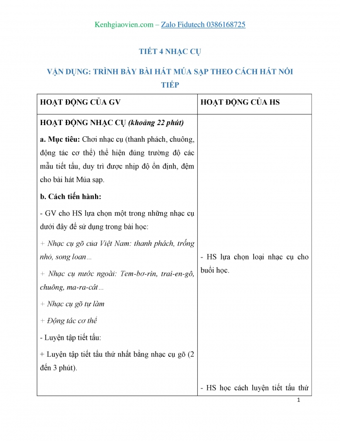 Giáo án và PPT Âm nhạc 3 cánh diều Tiết 16: Nhạc cụ, Vận dụng Trình bày bài hát Múa sạp theo cách hát nối tiếp