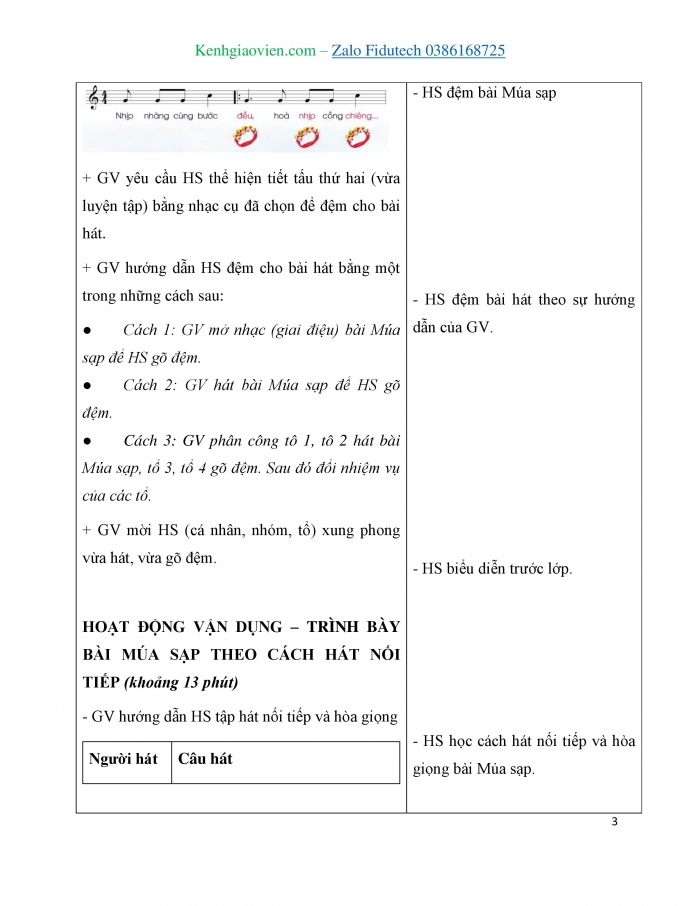 Giáo án và PPT Âm nhạc 3 cánh diều Tiết 16: Nhạc cụ, Vận dụng Trình bày bài hát Múa sạp theo cách hát nối tiếp