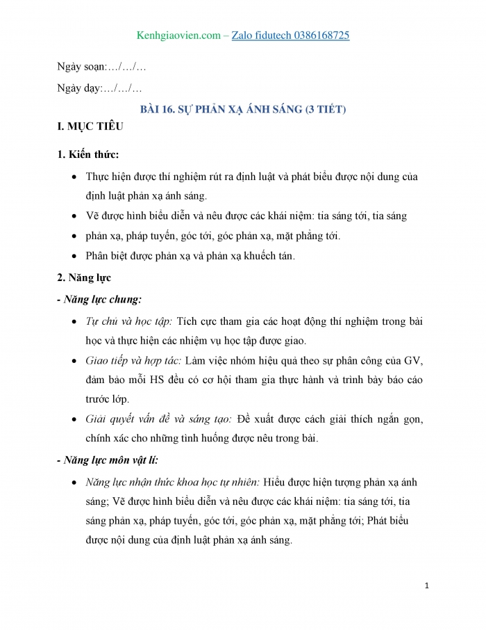 Giáo án và PPT KHTN 7 chân trời Bài 16: Sự phản xạ ánh sáng