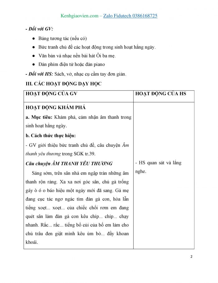 Giáo án và PPT Âm nhạc 3 chân trời Tiết 1 Khám phá Âm thanh trong sinh hoạt hằng ngày, Học hát Ôi ba mẹ