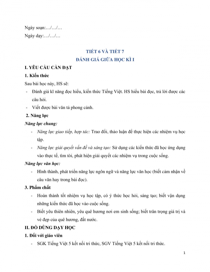 Giáo án và PPT Tiếng Việt 5 kết nối Ôn tập và Đánh giá giữa học kì I (Tiết 6 + 7)
