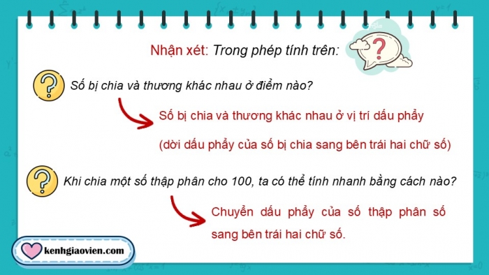 Giáo án điện tử Toán 5 chân trời Bài 37: Chia một số thập phân cho 10; 100; 1000;... Chia một số thập phân cho 0,1; 0,01; 0,001...