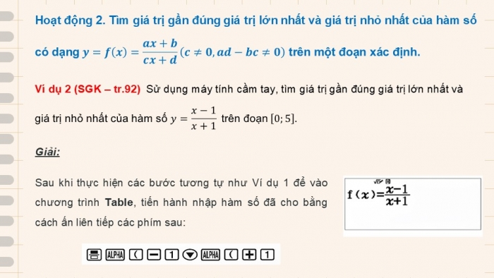 Giáo án điện tử Toán 12 chân trời Hoạt động thực hành và trải nghiệm Bài 2: Tìm giá trị lớn nhất và giá trị nhỏ nhất của hàm số bằng máy tính cầm tay