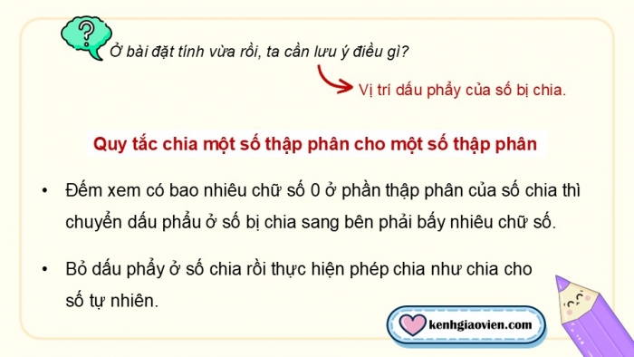 Giáo án điện tử Toán 5 chân trời Bài 40: Chia một số thập phân cho một số thập phân