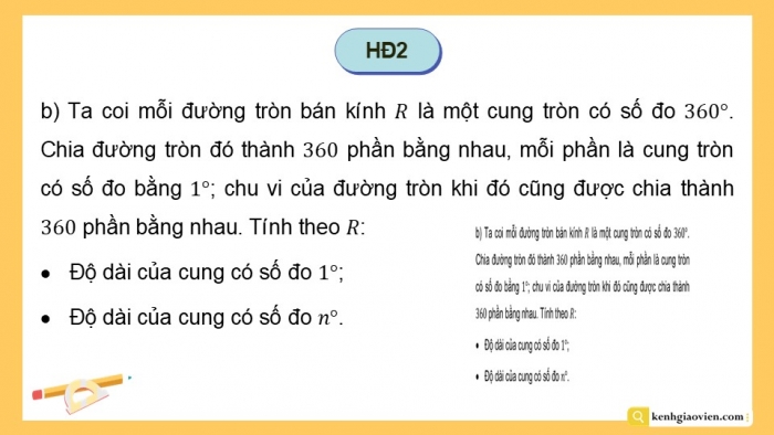 Giáo án điện tử Toán 9 cánh diều Bài 5: Độ dài cung tròn, diện tích hình quạt tròn, diện tích hình vành khuyên