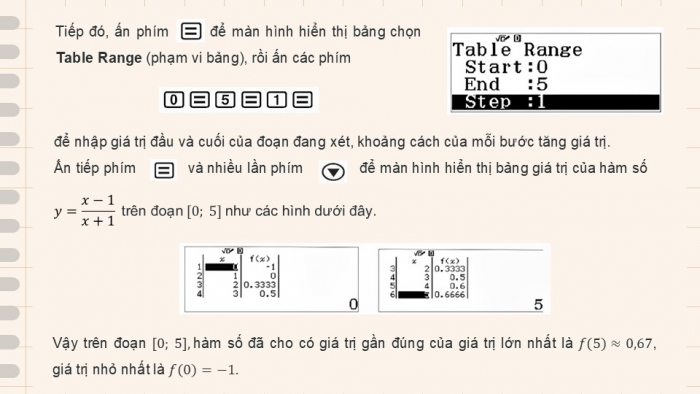 Giáo án điện tử Toán 12 chân trời Hoạt động thực hành và trải nghiệm Bài 2: Tìm giá trị lớn nhất và giá trị nhỏ nhất của hàm số bằng máy tính cầm tay