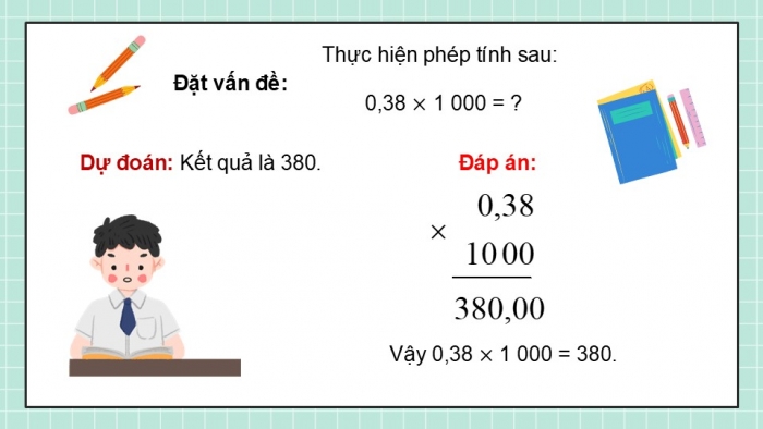 Giáo án điện tử Toán 5 chân trời Bài 33: Nhân một số thập phân với 10; 100; 1000;... Nhân một số thập phân với 0,1; 0,01; 0,001...