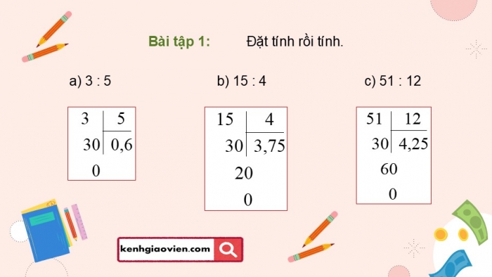 Giáo án điện tử Toán 5 chân trời Bài 36: Chia một số tự nhiên cho một số tự nhiên mà thương là một số thập phân