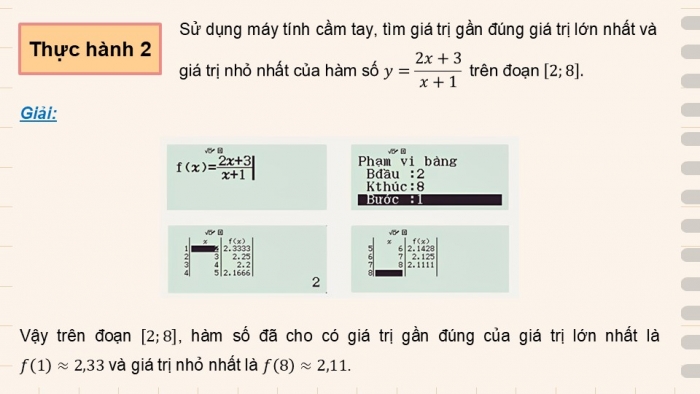 Giáo án điện tử Toán 12 chân trời Hoạt động thực hành và trải nghiệm Bài 2: Tìm giá trị lớn nhất và giá trị nhỏ nhất của hàm số bằng máy tính cầm tay