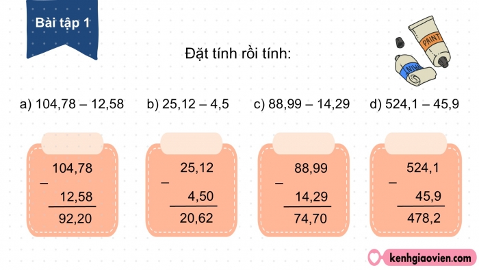 Giáo án PPT dạy thêm Toán 5 Kết nối bài 20: Phép trừ số thập phân