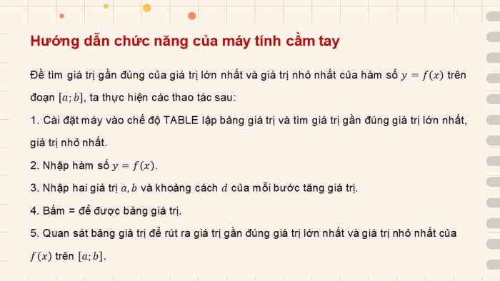 Giáo án điện tử Toán 12 chân trời Hoạt động thực hành và trải nghiệm Bài 2: Tìm giá trị lớn nhất và giá trị nhỏ nhất của hàm số bằng máy tính cầm tay