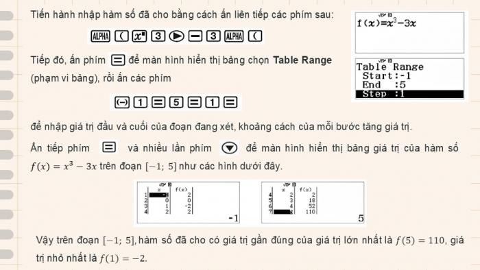 Giáo án điện tử Toán 12 chân trời Hoạt động thực hành và trải nghiệm Bài 2: Tìm giá trị lớn nhất và giá trị nhỏ nhất của hàm số bằng máy tính cầm tay