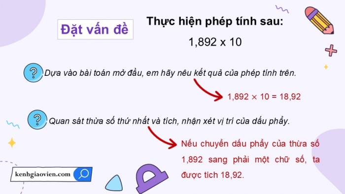 Giáo án điện tử Toán 5 cánh diều Bài 28: Nhân một số thập phân với 10, 100, 1000,...