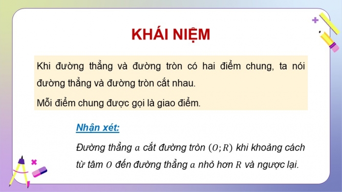 Giáo án điện tử Toán 9 cánh diều Bài 2: Vị trí tương đối của đường thẳng và đường tròn