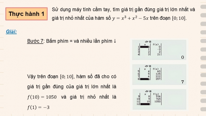 Giáo án điện tử Toán 12 chân trời Hoạt động thực hành và trải nghiệm Bài 2: Tìm giá trị lớn nhất và giá trị nhỏ nhất của hàm số bằng máy tính cầm tay