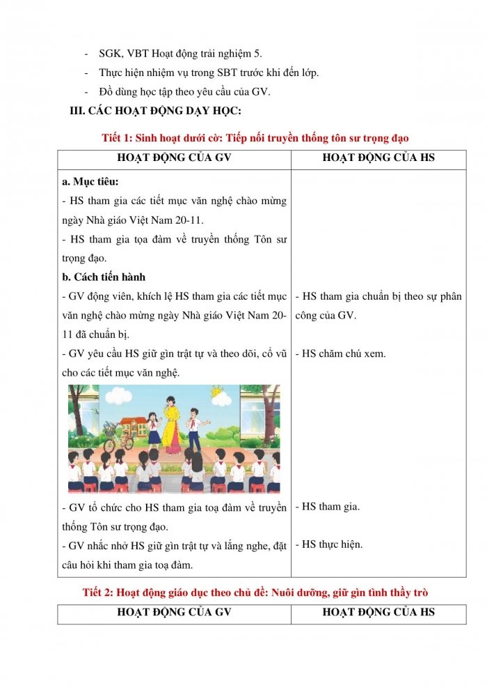 Giáo án và PPT Hoạt động trải nghiệm 5 chân trời bản 2 Chủ đề 3: Giữ gìn tình bạn, tình thầy trò - Tuần 10