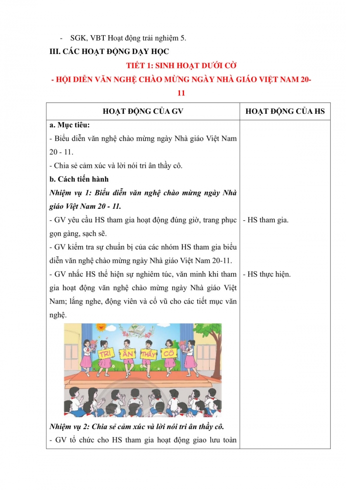 Giáo án và PPT Hoạt động trải nghiệm 5 chân trời bản 1 Chủ đề 3: Tri ân thầy cô Kết nối bạn bè - Tuần 11