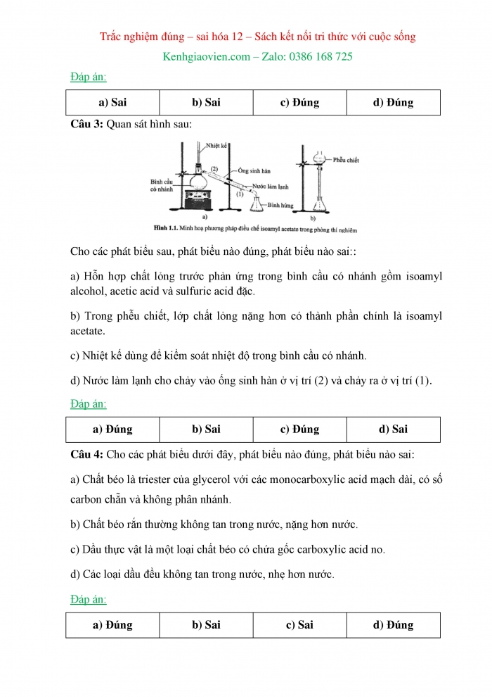 Trắc nghiệm đúng sai Hoá học 12 kết nối tri thức