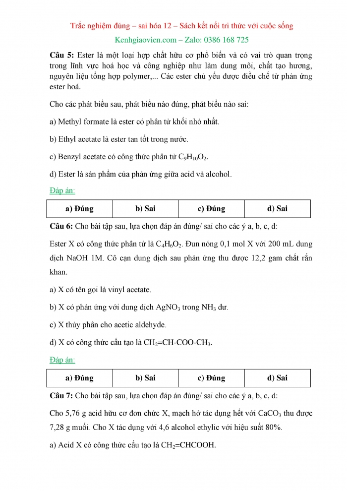 Trắc nghiệm đúng sai Hoá học 12 kết nối tri thức