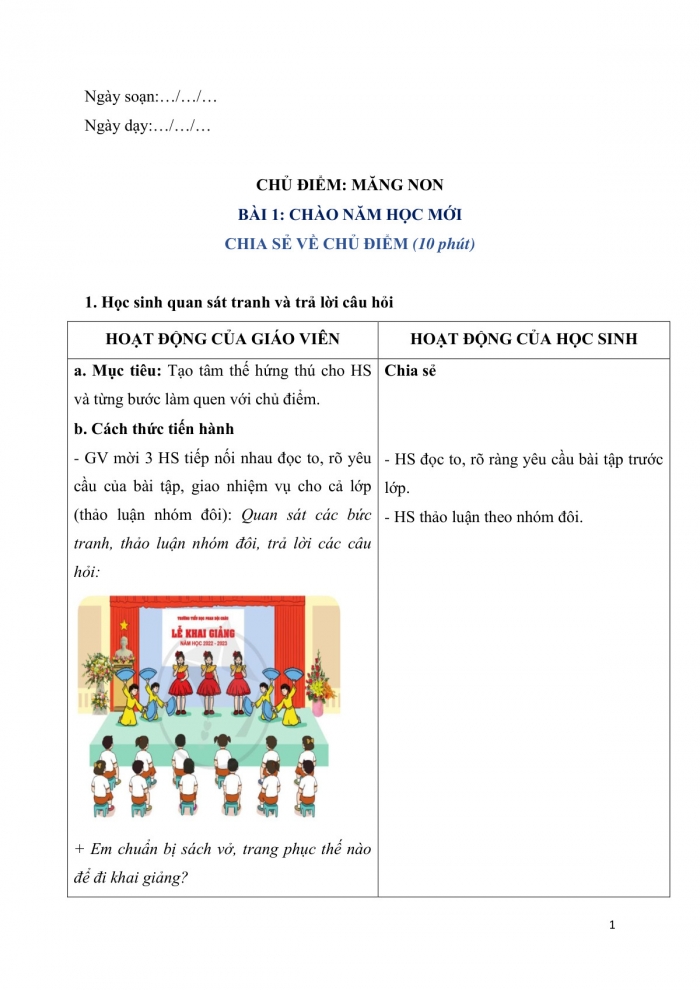 Giáo án và PPT Tiếng Việt 3 cánh diều Bài 1: Ngày khai trường; Ôn tập về từ chỉ sự vật, từ chỉ hoạt động, từ chỉ đặc điểm; Ôn chữ viết hoa A, Ă, Â; Kể chuyện Em chuẩn bị đi khai giảng