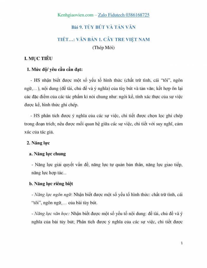 Giáo án và PPT Ngữ văn 7 cánh diều Bài 9: Cây tre Việt Nam (Thép Mới)