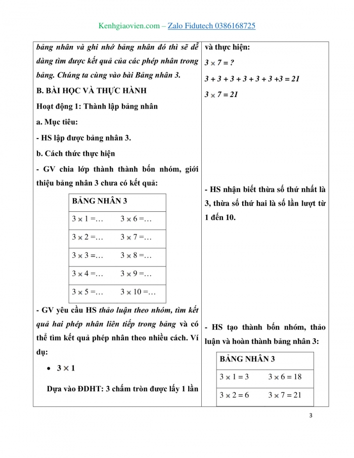 Giáo án và PPT Toán 3 chân trời bài Bảng nhân 3