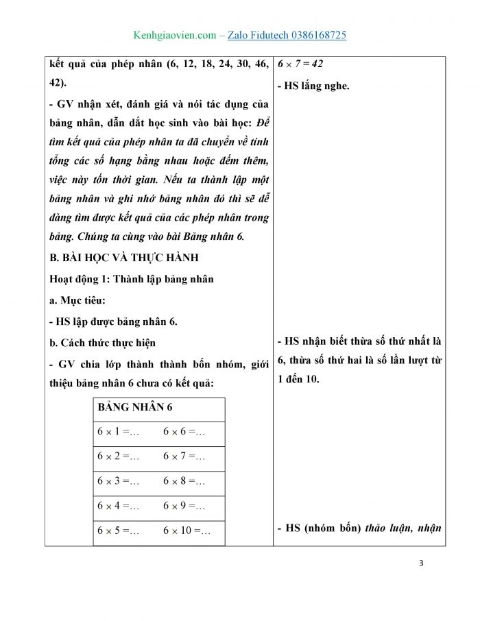 Giáo án và PPT Toán 3 chân trời bài Bảng nhân 6