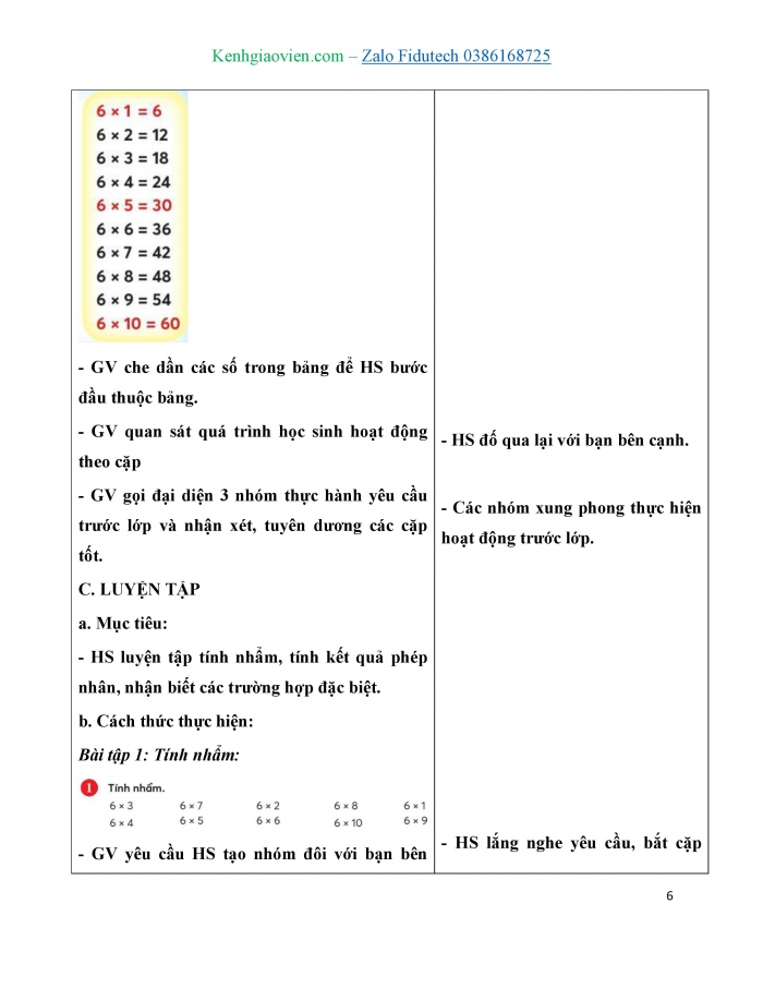 Giáo án và PPT Toán 3 chân trời bài Bảng nhân 6