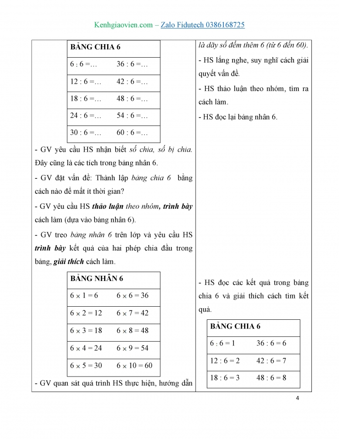 Giáo án và PPT Toán 3 chân trời bài Bảng chia 6
