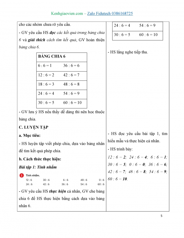 Giáo án và PPT Toán 3 chân trời bài Bảng chia 6