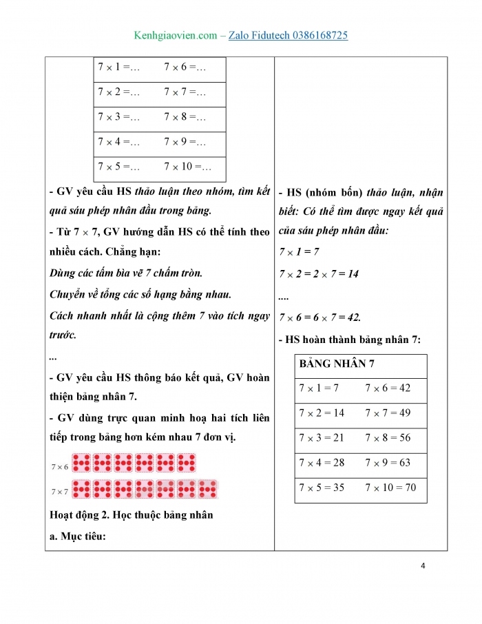 Giáo án và PPT Toán 3 chân trời bài Bảng nhân 7