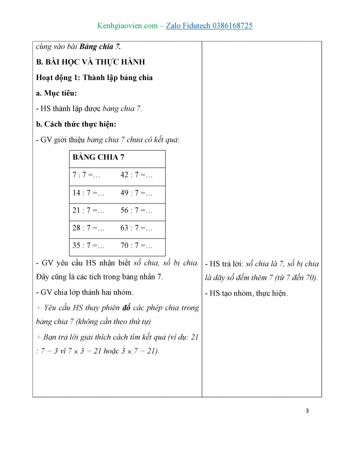 Giáo án và PPT Toán 3 chân trời bài Bảng chia 7