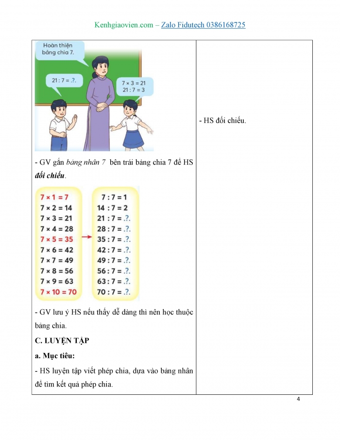 Giáo án và PPT Toán 3 chân trời bài Bảng chia 7