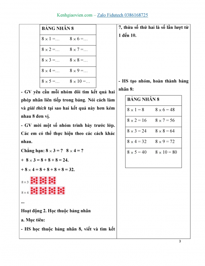 Giáo án và PPT Toán 3 chân trời bài Bảng nhân 8