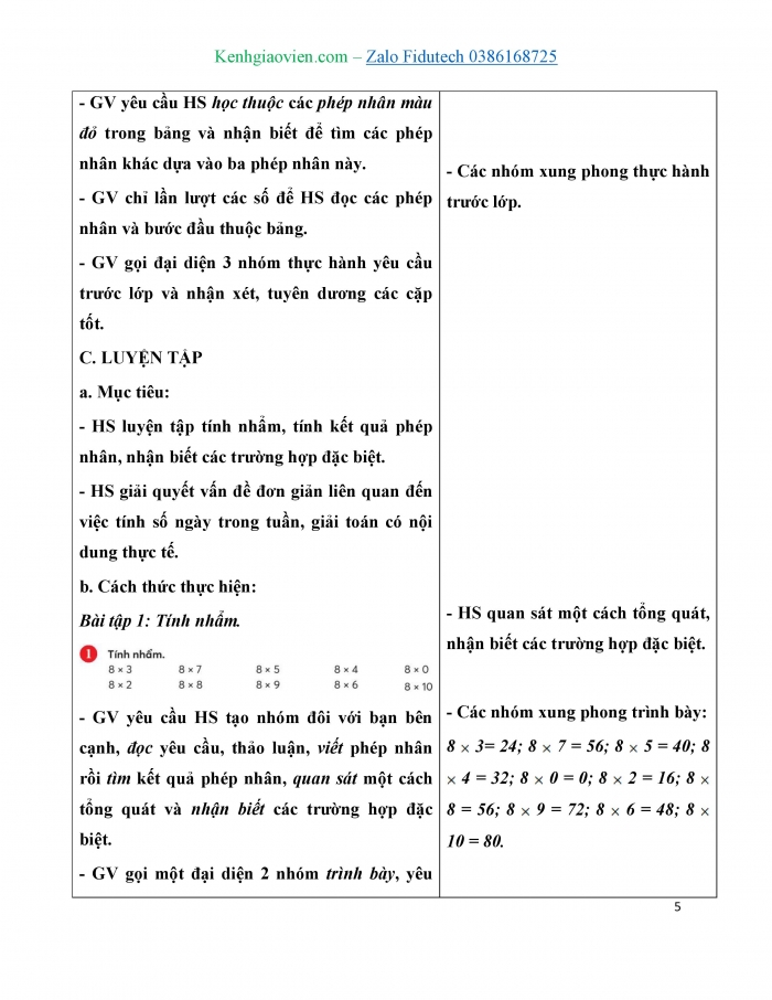 Giáo án và PPT Toán 3 chân trời bài Bảng nhân 8